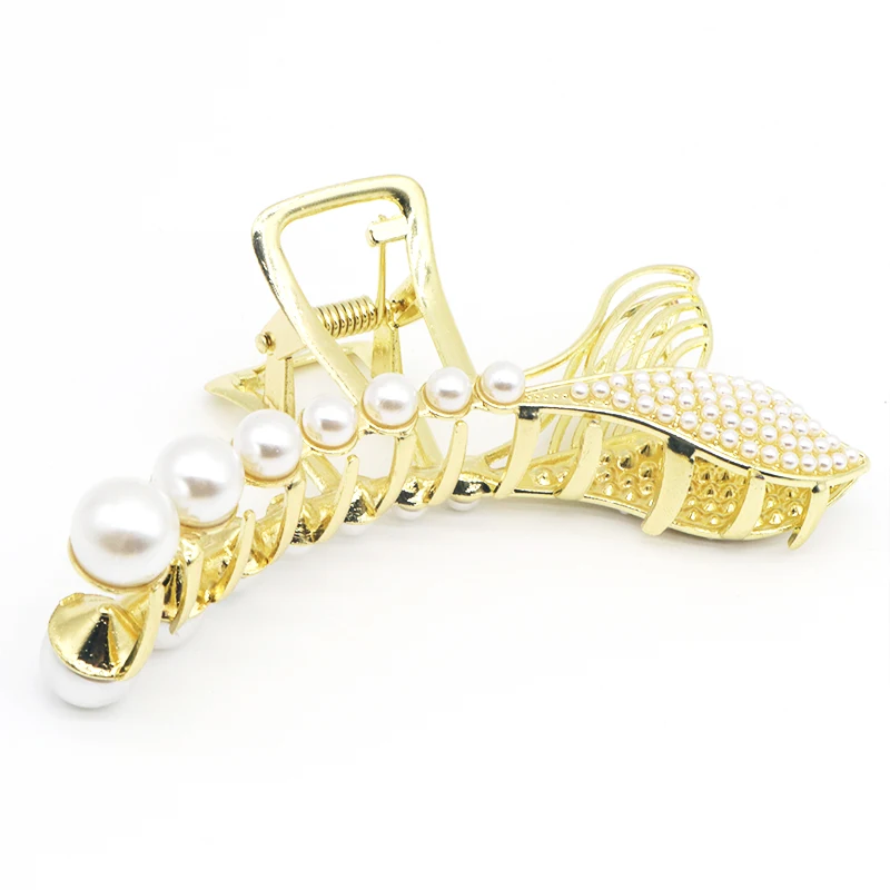 Ponytail Diamond Metal Alloy Rhinestone Pearl Fish Gold Metal Hair Claw Clips With Rhinestone