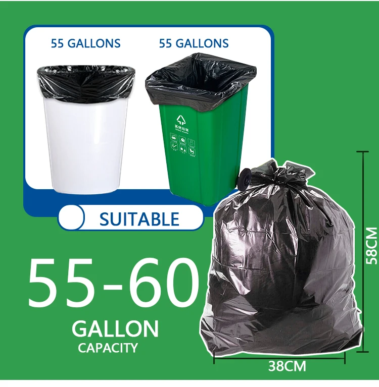 Wholesale Black  Hot Sealed Large Size Sustainable Biodegradable Kitchen Flat 65 Gallon Recycled Plastic Garbage Bag