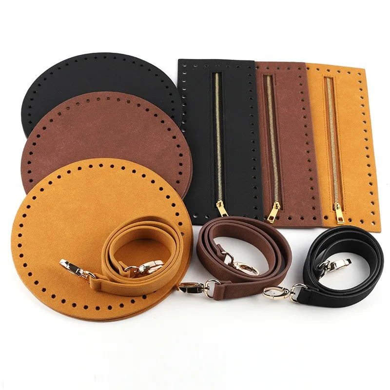 PU Leather DIY Crochet Bags Making Accessories with Round Bottoms Top Zipper Cover Bag Strap for Handbags Purses Bags