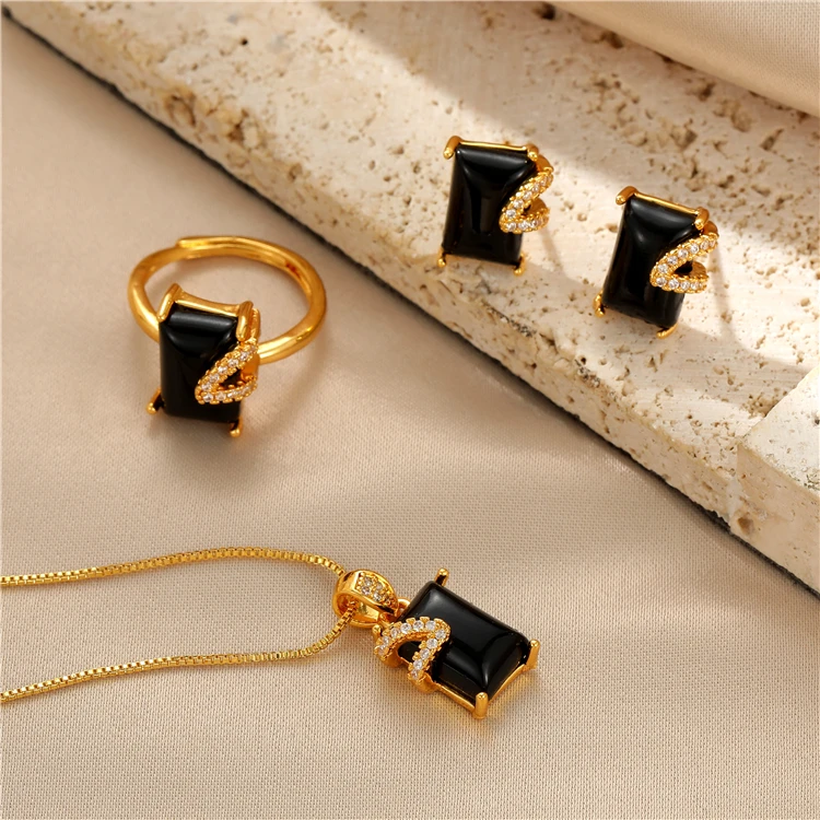Wholesale Brass 18K Gold Plated Black Onyx Necklace Earrings Ring Dubai Gold Jewelry Set