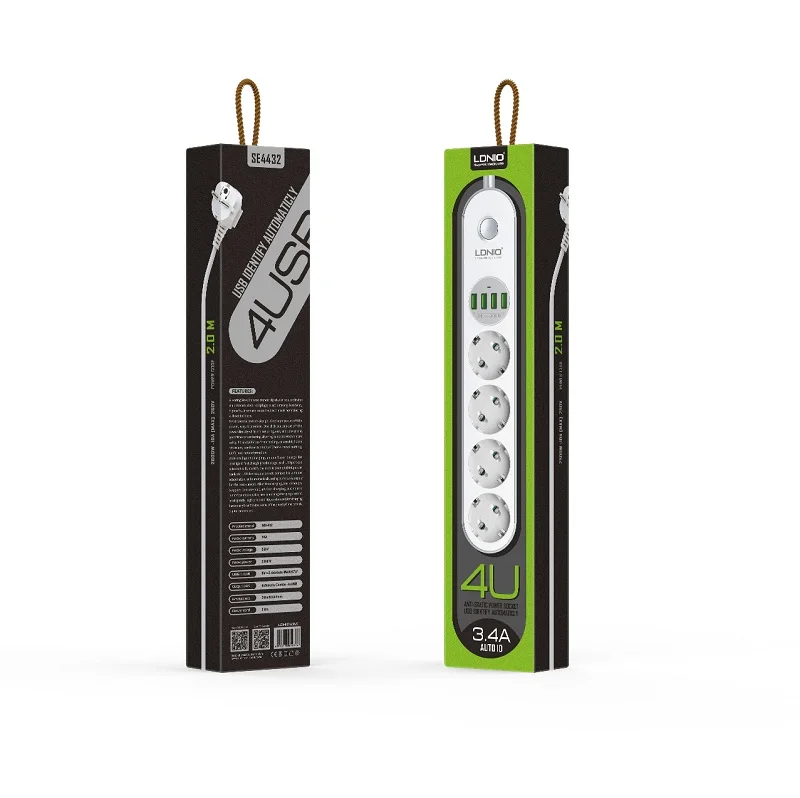 LDNIO SE4432 EU Plug 4 USB Outlet 4 AC Charger Adapter Extender Strips Surge Protector Lead 2m Cable Power Strip Socket