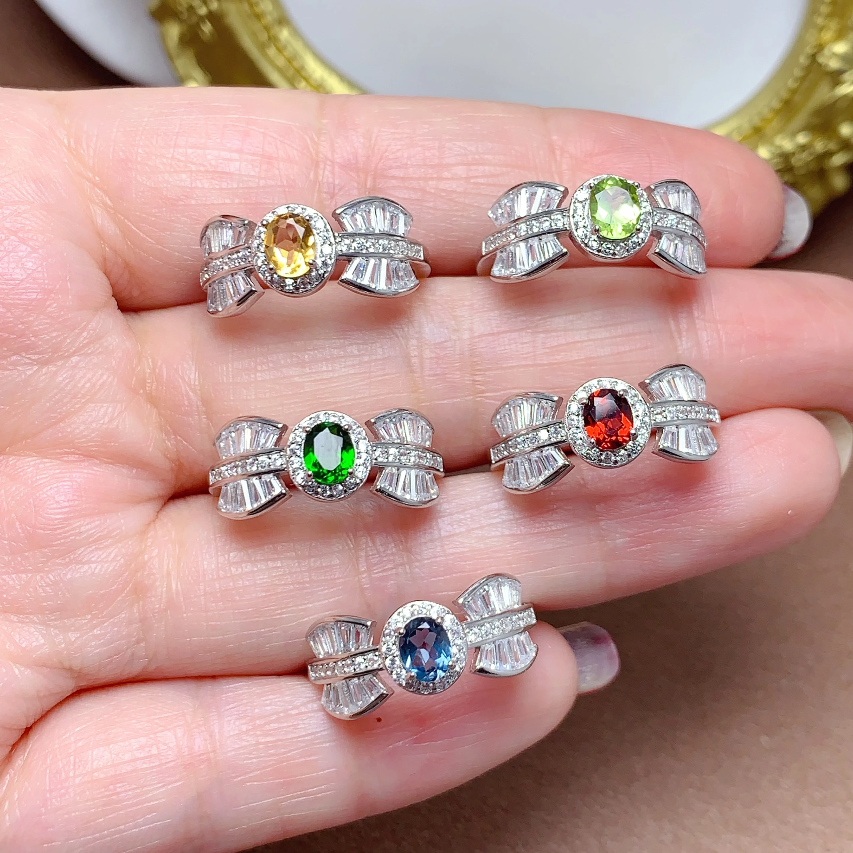 Factory Supply 925 Sterling Silver Natural Gemstone Butterfly Flower Zircon Fashion Opening Adjustable Couple Rings For Girls