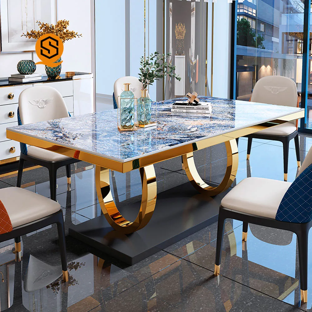 Morden luxury furniture marble stainless steels Kitchen Table Chair full set Extendable Home Use Restaurant Dining table