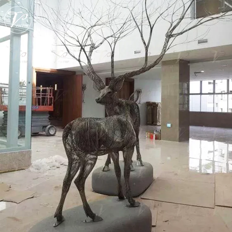 Custom Popular Abstract Stainless Steel Wire Deer Ornament Statue Metal Art Craft Animal Sculpture
