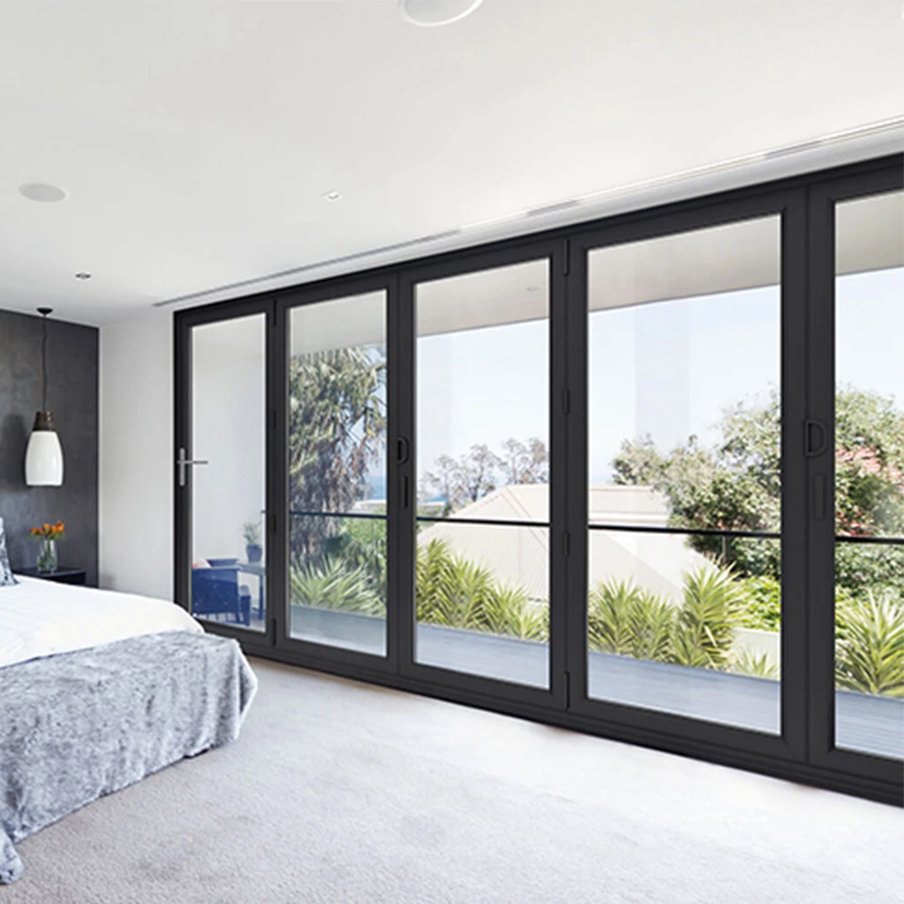 Accordion Double Glazed Aluminum Bifold Doors Black Exterior Glass Aluminum Folding Door For Balcony