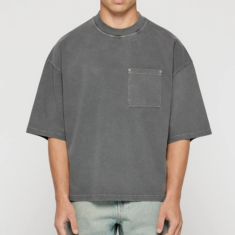 280 GSM винтажная 100 хлопковая Футболка с карманами и эффектом стирки большого размера Толстая укороченная футболка карманом спереди