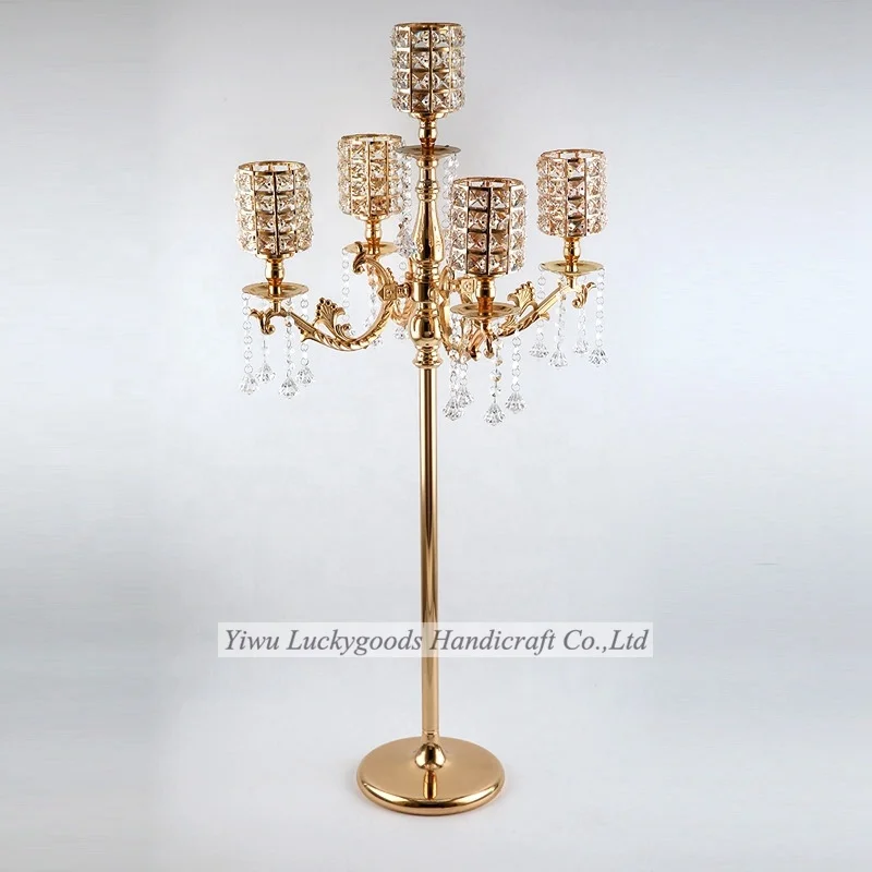 LK20191107-41 hot sale 5 arms Crystal candlestick candle holder metal for wedding decoration