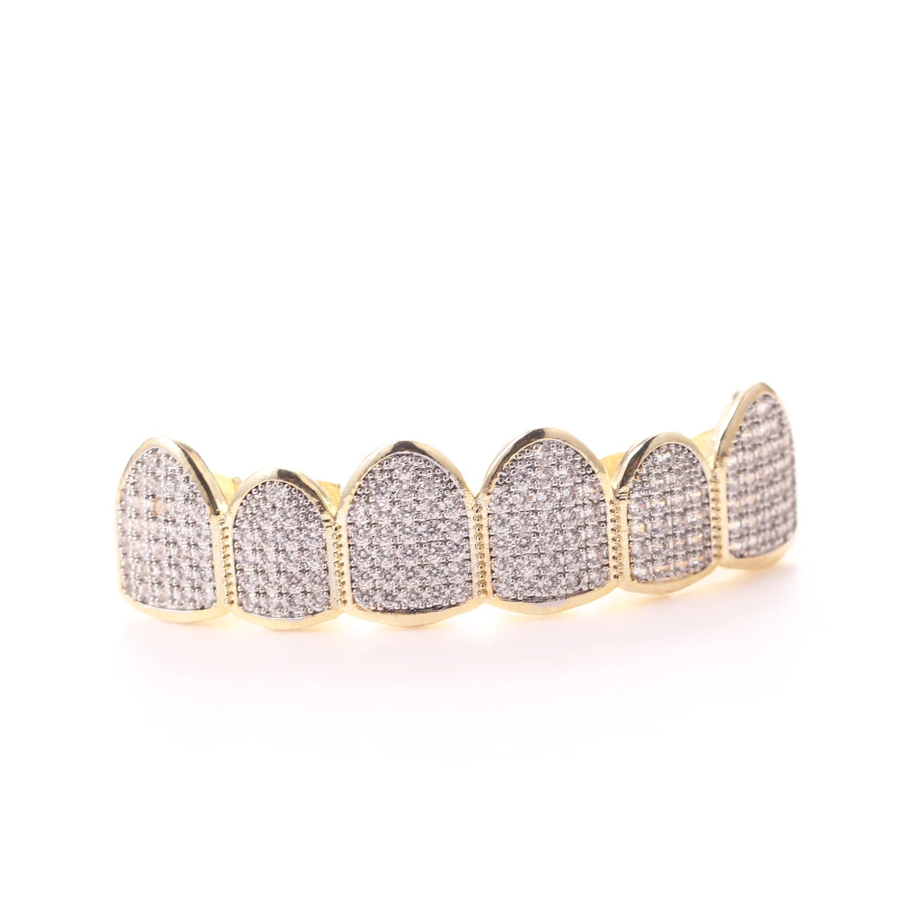 Iced Out Micro Pave CZ Teeth Grillz Top and Bottom Set 18k Gold Crystal Teeth Grills For Men Rapper Jewelry Wholesale