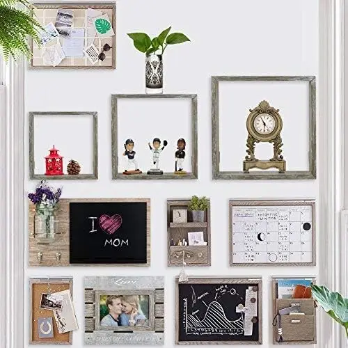 Floating Shelves Set of 6  Rustic Wood Wall Shelves with 3 Square Boxes and 3 Small U Shelves
