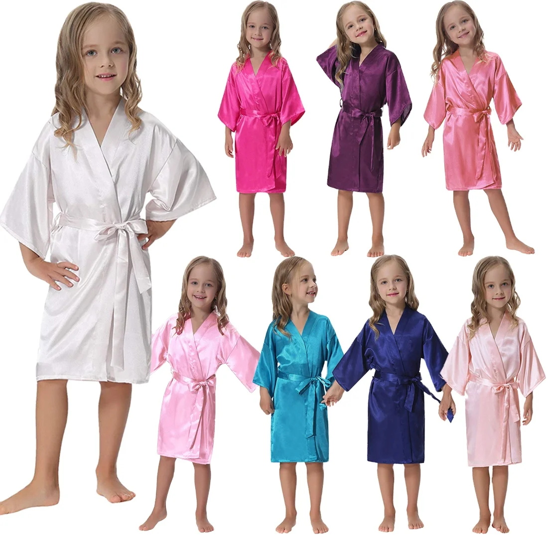 Wholesale Kids Children Custom Solid Color  Spa Party Wedding Birthday with Gold Glitter of Satin Silk Kimono Flower Girls Robes