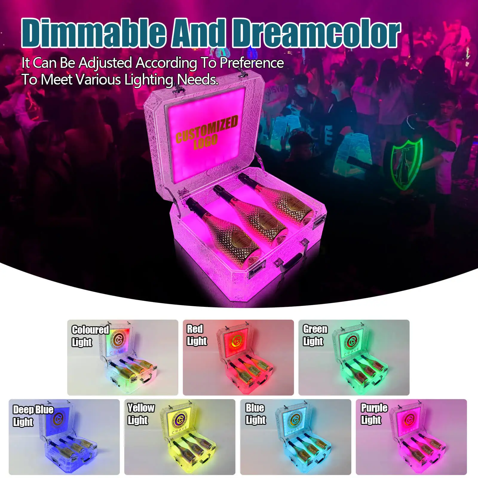 Custom Colorful Acrylic 3-Bottle Carry Case Durable Stylish Roller Bottle Display Champagne Parties Nightclubs LED Light Source