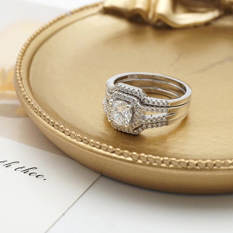 Wholesale solid silver jewelry 100% real 925 silver ring with CZ stones wedding and engagement rings set