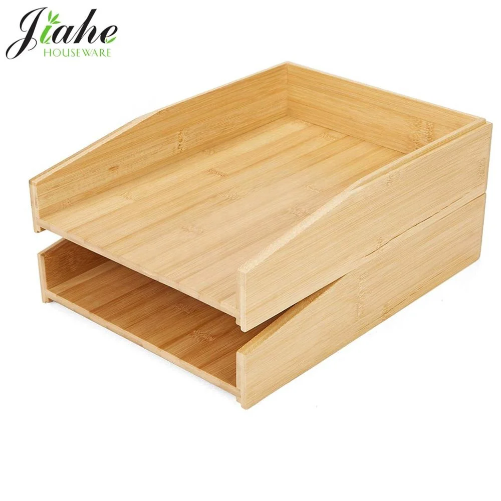 Bamboo 2 Tier File Organizer Stackable Letter Tray Organizer