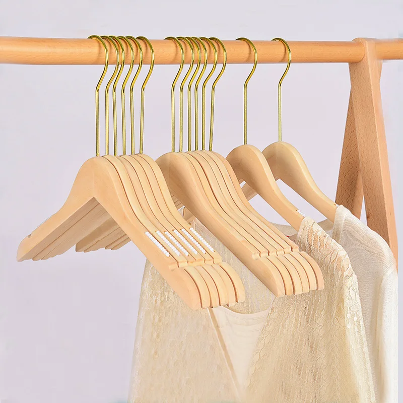 LINDON Garment Shop Display Golden Long Hook Non Slip Wooden Hangers for Clothes
