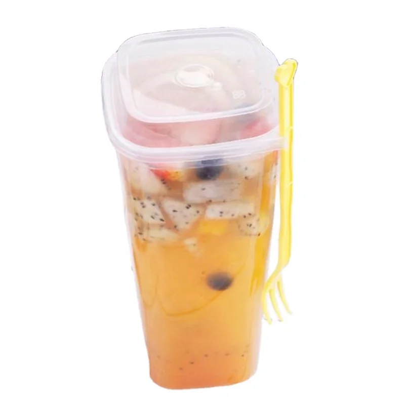 760ML Disposable Plastic Cups with Lids and Spork To Go 27OZ Large Size Milk Fruit Tea Cold Drink Cups