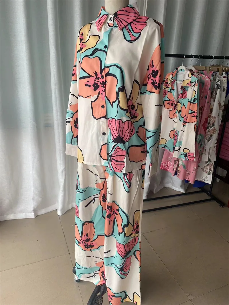 RedPeony Fashion Casual Two Piece Suit Women Loose Wide Legs Trousers Suits 2024 Long Pant Sets Print Shirt Two Piece Set