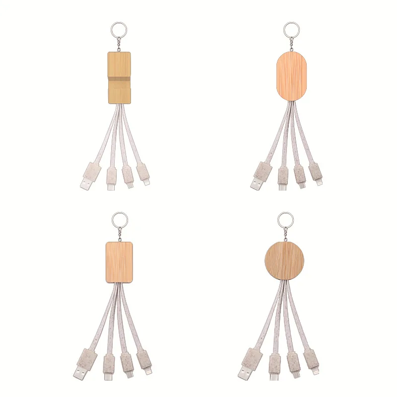 Wooden Stand Multi-Functional USB Cable Mobile Phone Stand 3-In-1 Data Cable Key chain Charging Cable Type C