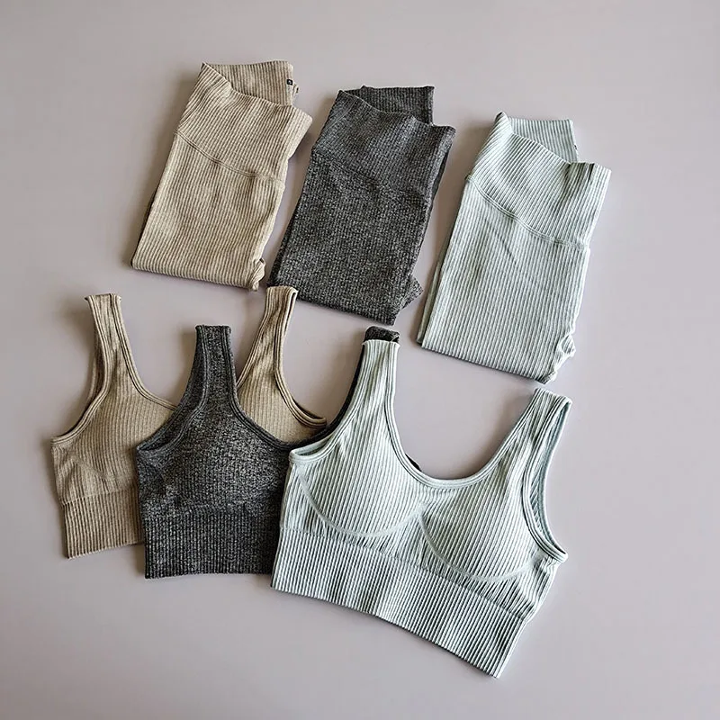 Активный Бесшовные высокая талия двойка леггинсы и топ для фитнеса, бесшовные набор для йоги