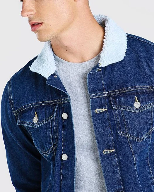 Wholesale high quality cotton casual streetwear riding winter coats regular denim jeans jacket with borg collar