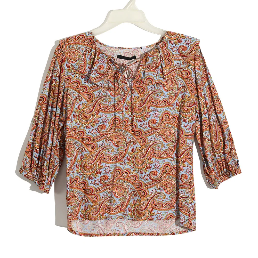 
New fashion half sleeve elegant vintage latest paisley printed design ruffled neck ladies short blouse style shirt 