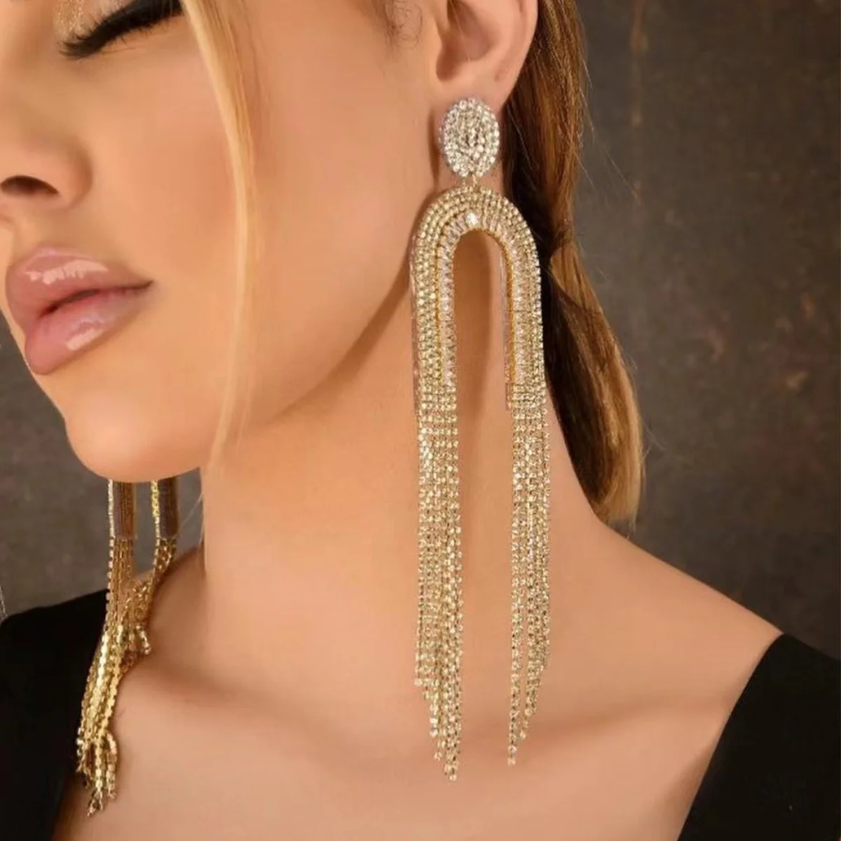 European and American fashion Ins diamond arched long tassel earrings trendy earrings for women