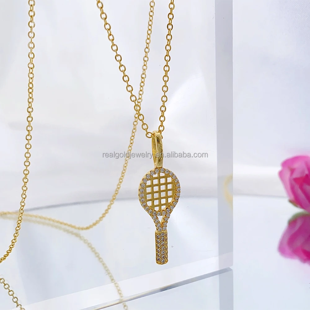 Nice Badminton Racket Pendant Brass Necklace Gold Color Plated Pendant Necklace With Clear Zircon Pendant Necklace Wholesale
