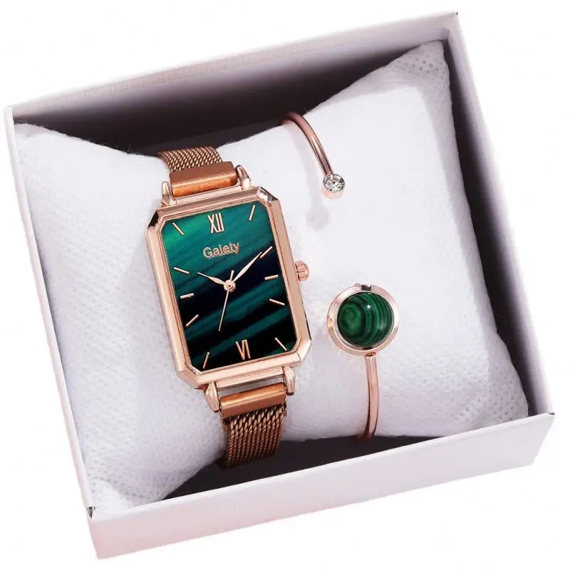 Cheap Women Watches Fashion Square Ladies Quartz Watch Bracelet Set Green Dial Simple Rose Gold Mesh Luxury Lady Jewelry Watches