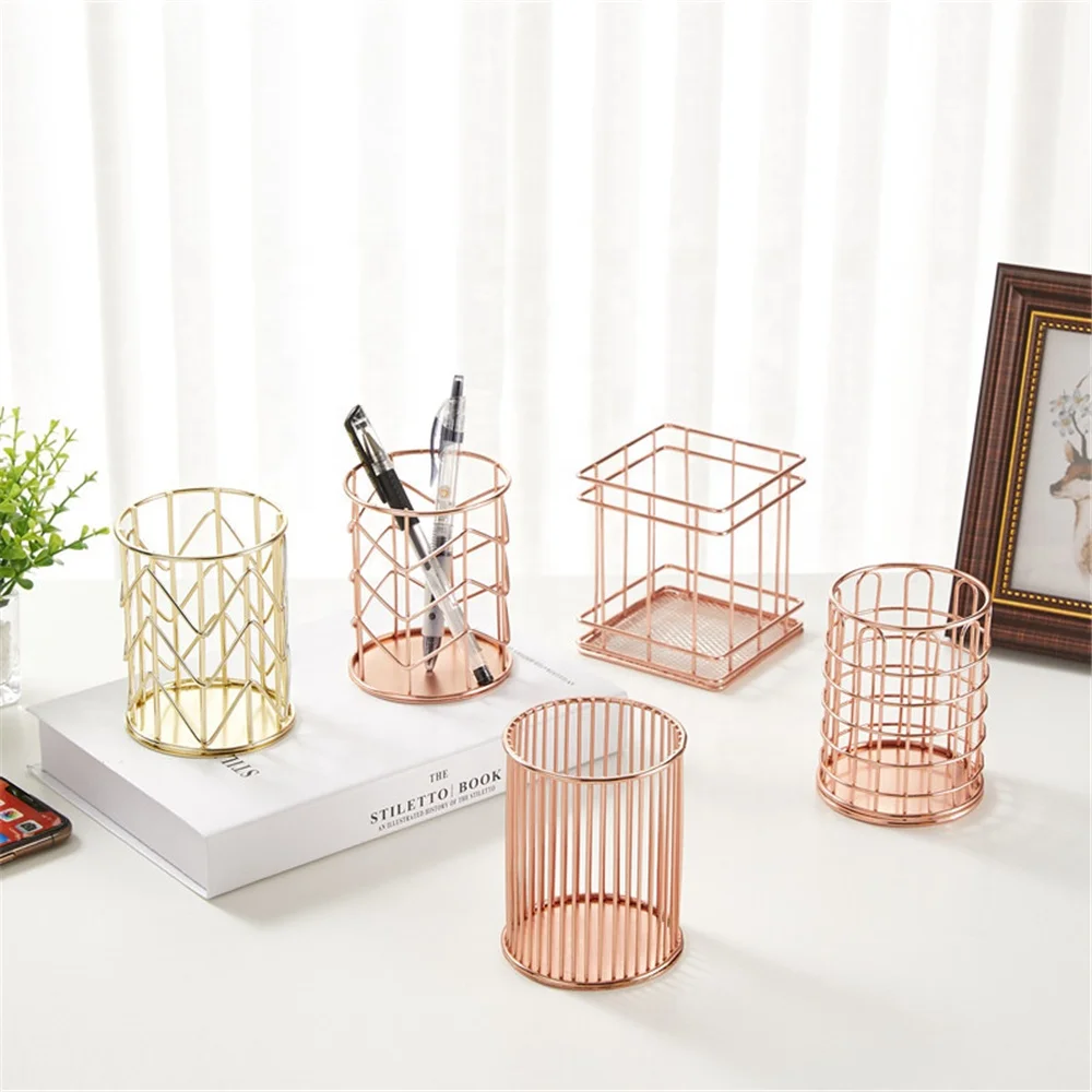 Rose Gold Pen Holder Cup for Home Office Desk Organizers Steel Wire Round Pencil Pot Flower Vase Makeup Brushes Storage Organize