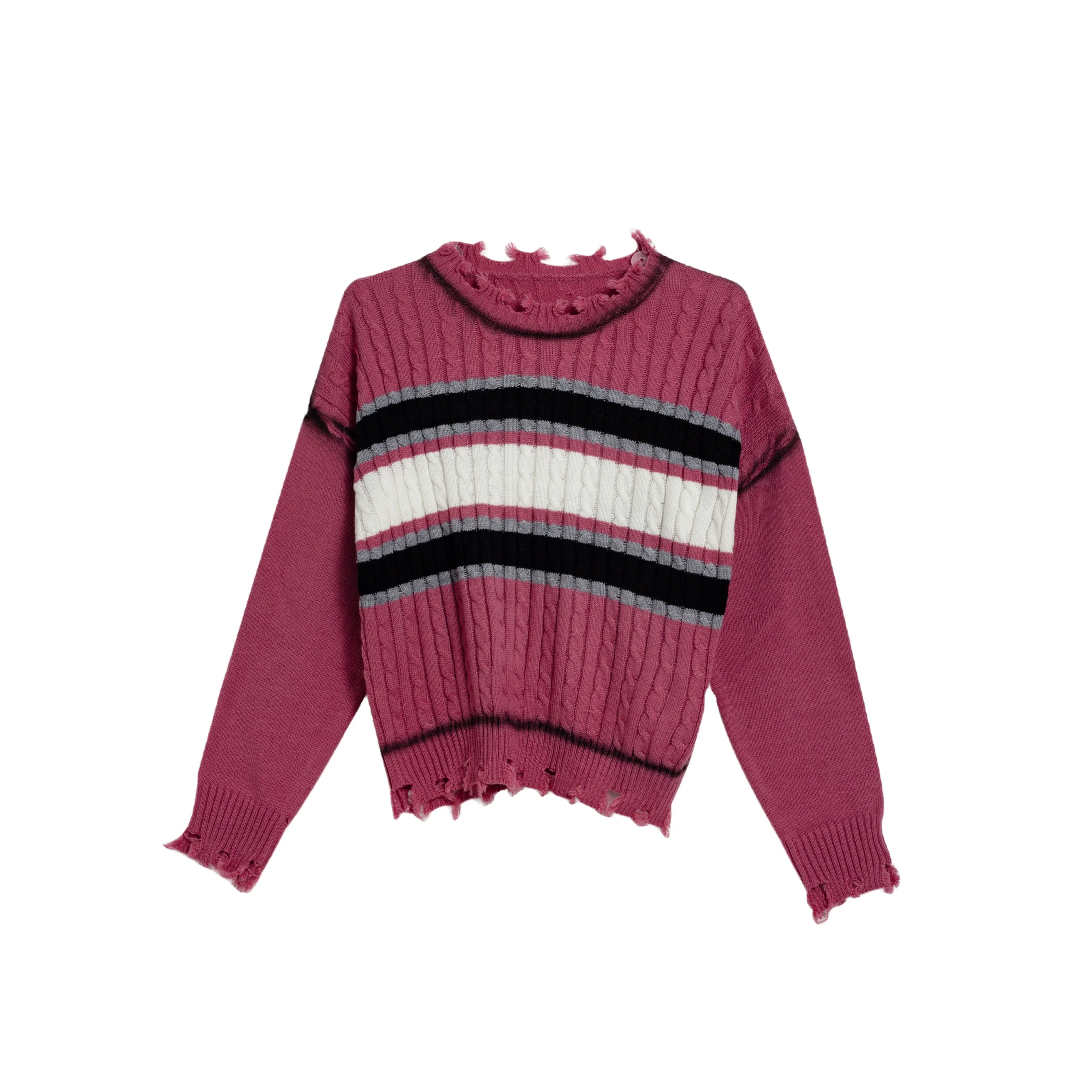 DLDM Custom Y2K Distressed Twisted Flower Cable Striped Multi Color Women Pink Ripped Neckline Long Sleeve Wool Pullover Sweater