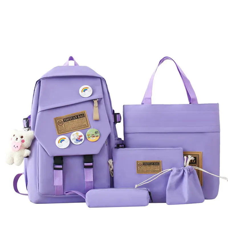ODM New Arrival 5 In 1 Fashion Canvas College Student School Laptop Book Bag With Lunch Cooler Bag Pencil Cases Purse