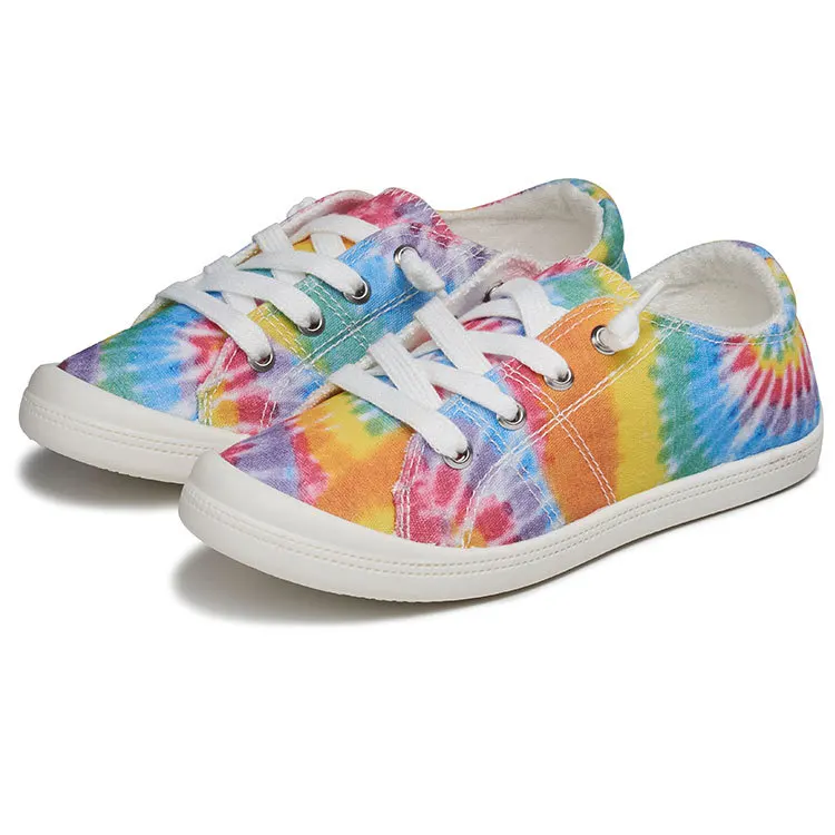 WK-018 fashion 2021latest Rainbow tie dye print casual flat lace up walking shoes canvas shoes designs for mommy and me