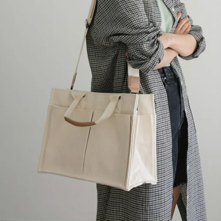 Canvas bag female Korean version of simple fashion handbag ins literary style multi-pocket ladies personality one-shoulder diago