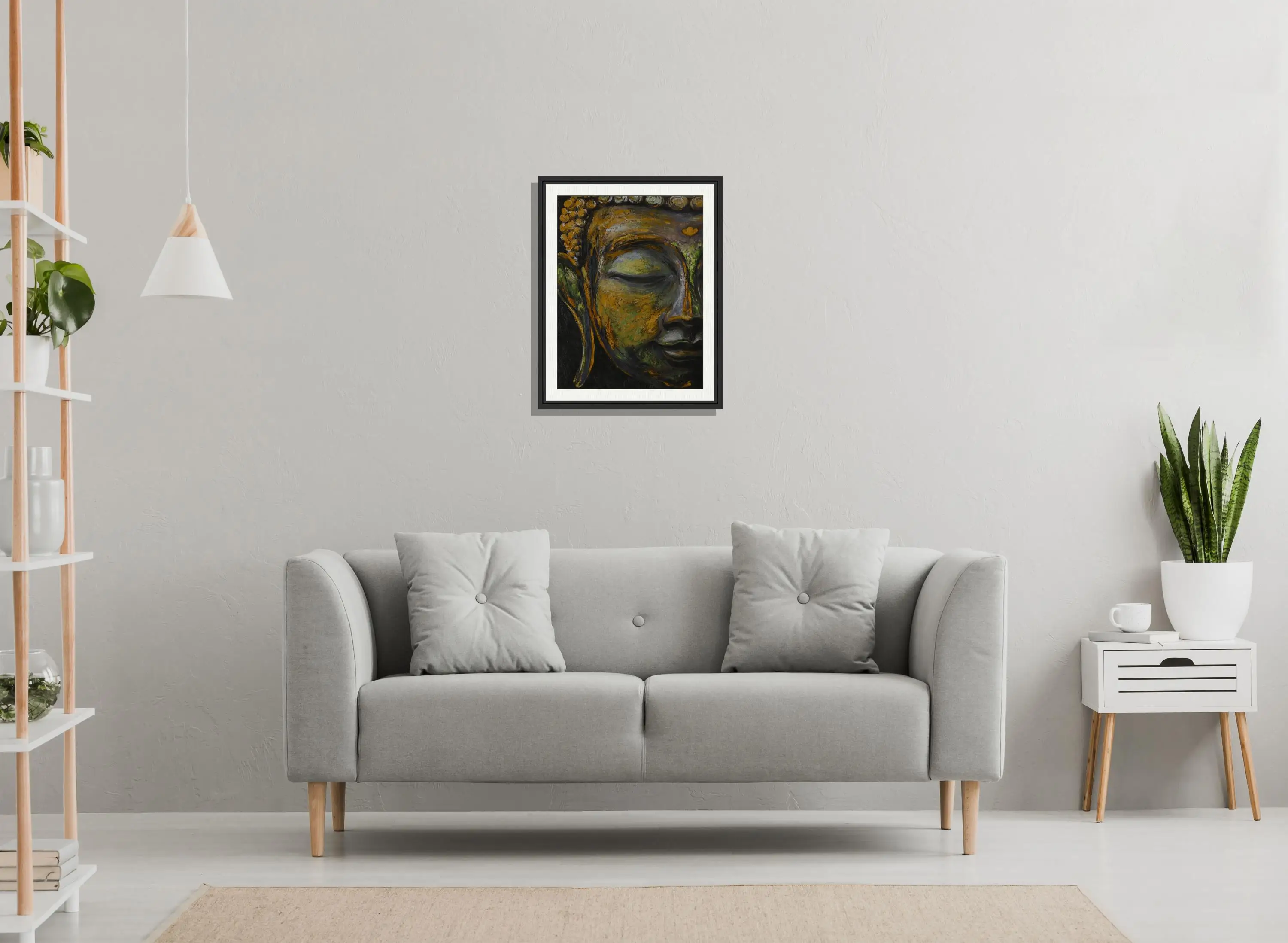 Hand Painted Colorful Buddha Green Bronze Brown Statue Hand Made Framed Matted 3D Brushstroke Texture for Home Decor