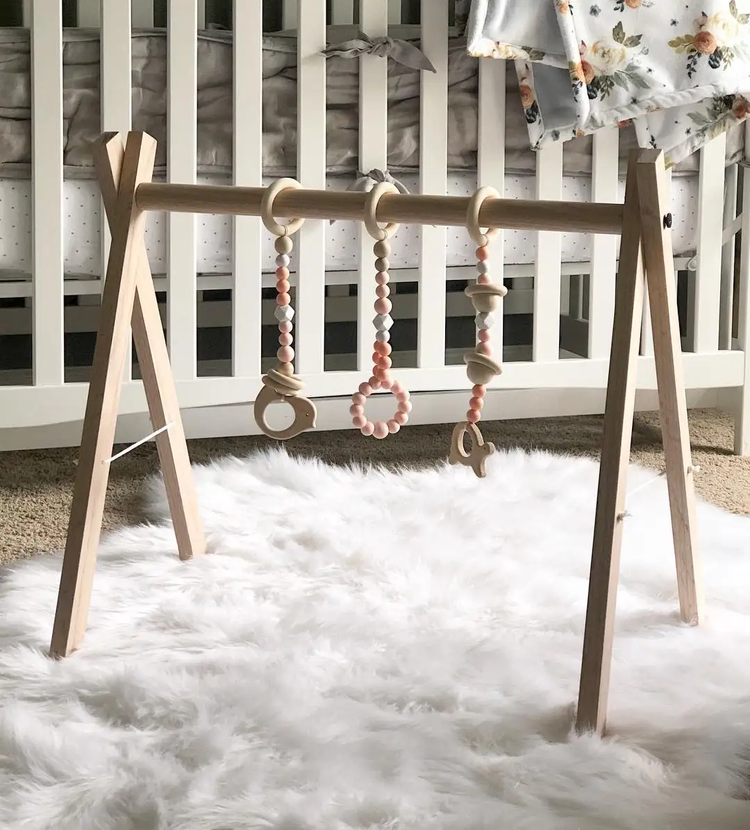 3 Hanging Sensory Toys Wooden Baby Play Gym with Activity Mat