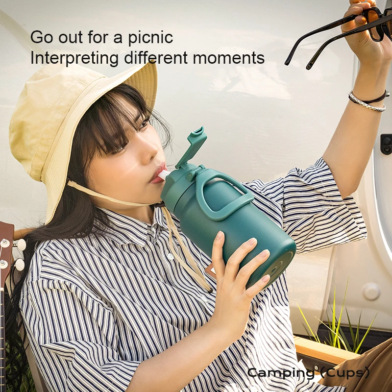 Customized Logo Large Capacity Sport Straw Flask Vacuum Stainless Steel Water Thermo With Handle Thermal Bottle