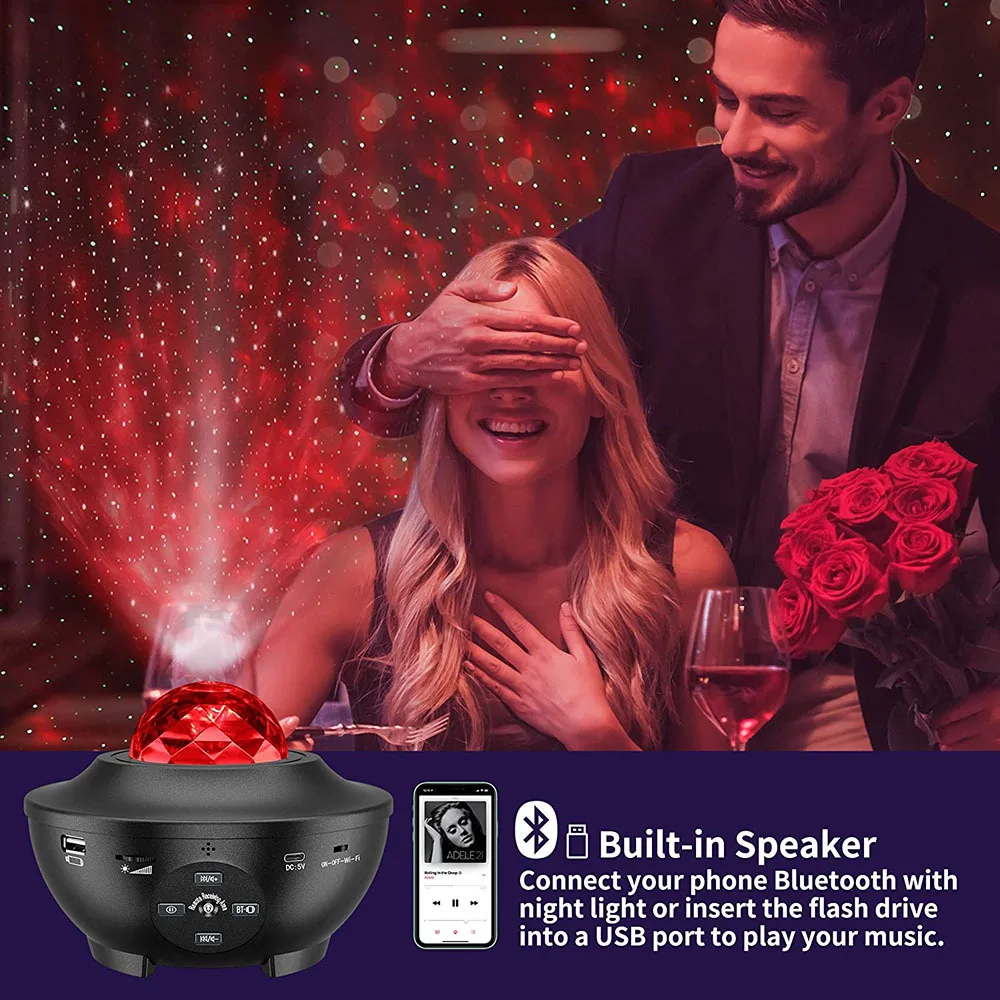 Led Starry Sky Projection Lamp Usb Music Red And Green Laser Starry Water Pattern Light Atmosphere Night Light