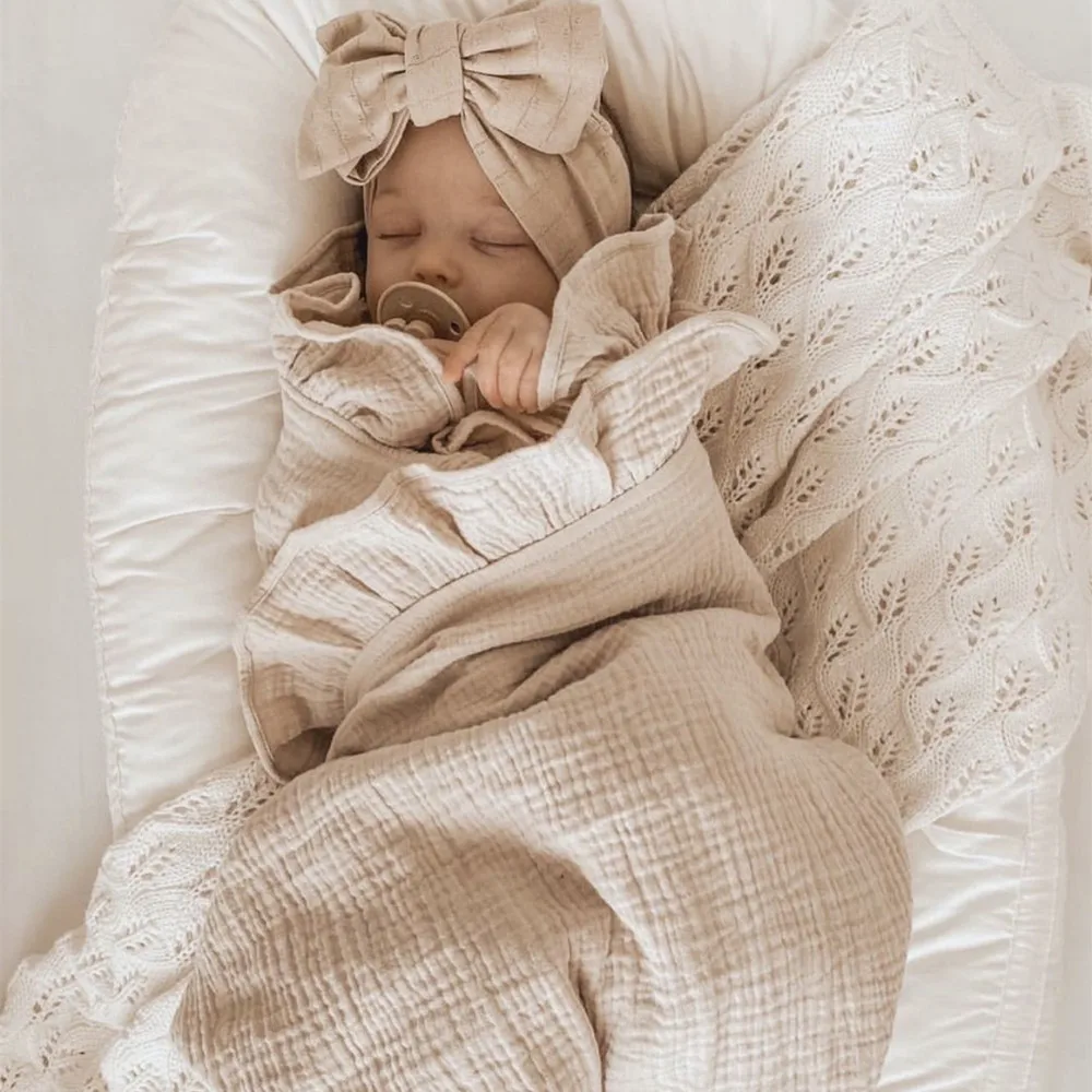 Baby Ruffled Swaddle 100% Muslin Cotton 3-Layers Gauze Fabric Baby Blanket Ready To Ship Baby Swaddles Bedding Sheet