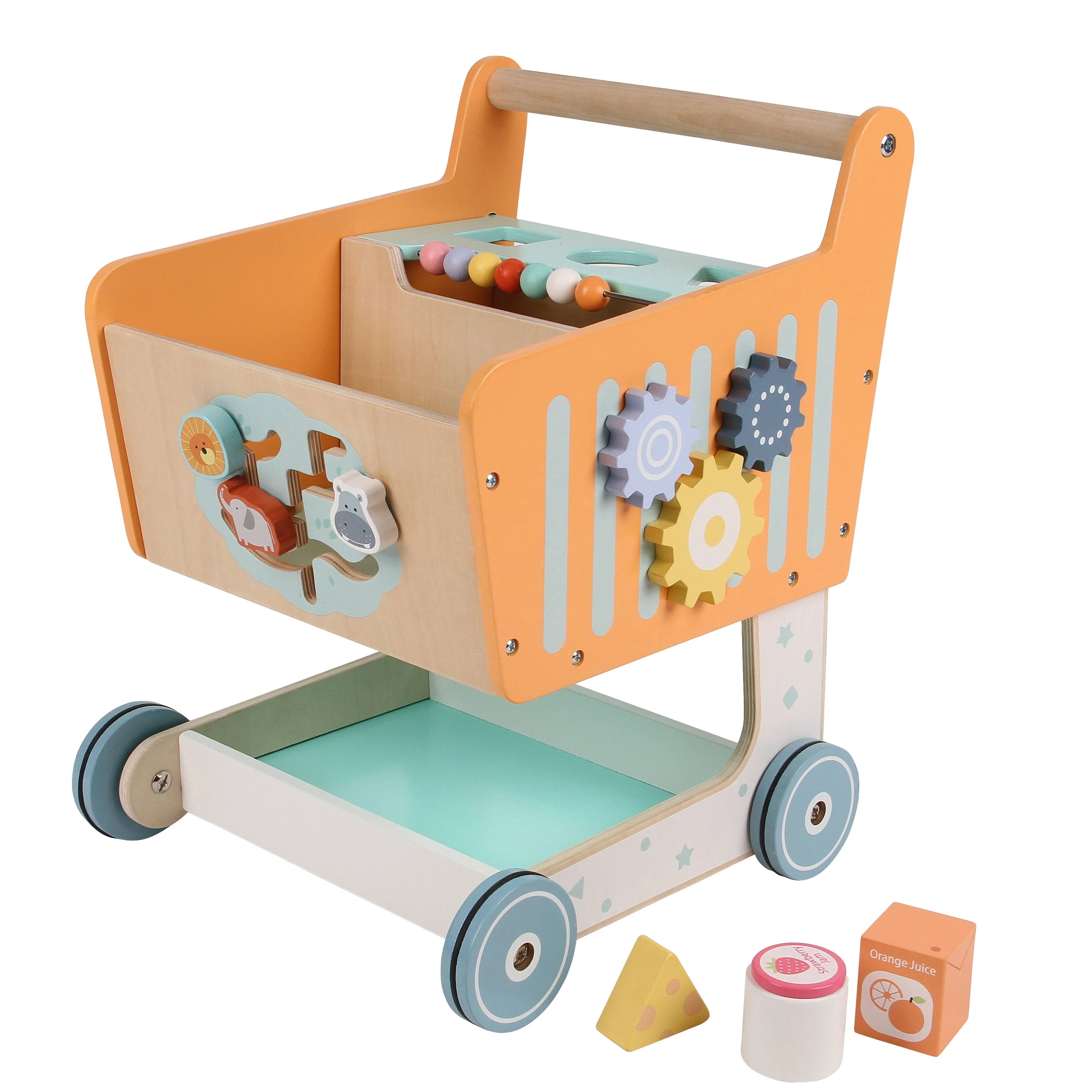 Kids Toys Multifunctional Educational Toys Wooden Roll Cart Toy Baby Activity Shopping Trolley