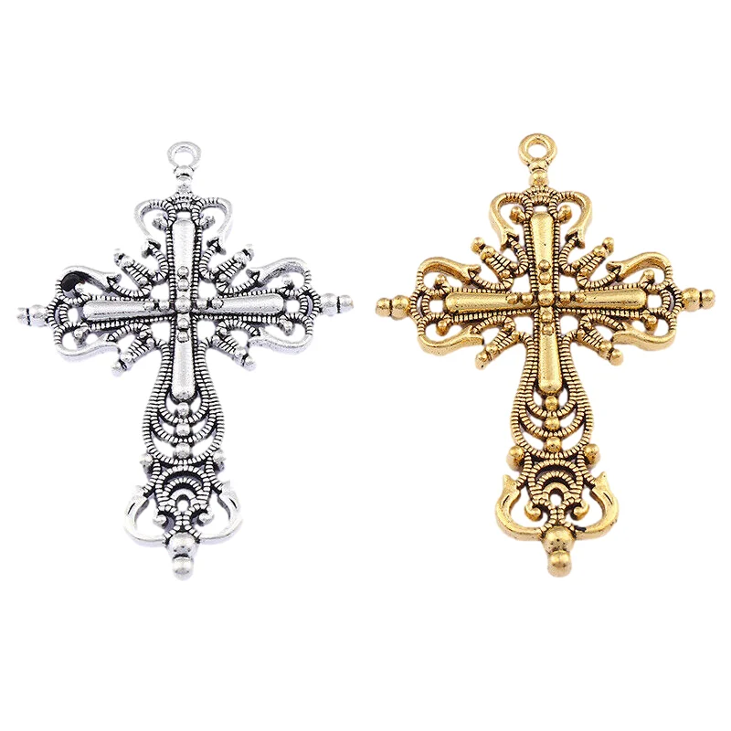 Antique Silver/Gold Tone Large Religious Cross Crucifix Charms Pendants Double Sided For Necklace DIY Jewelry Making 63x42mm