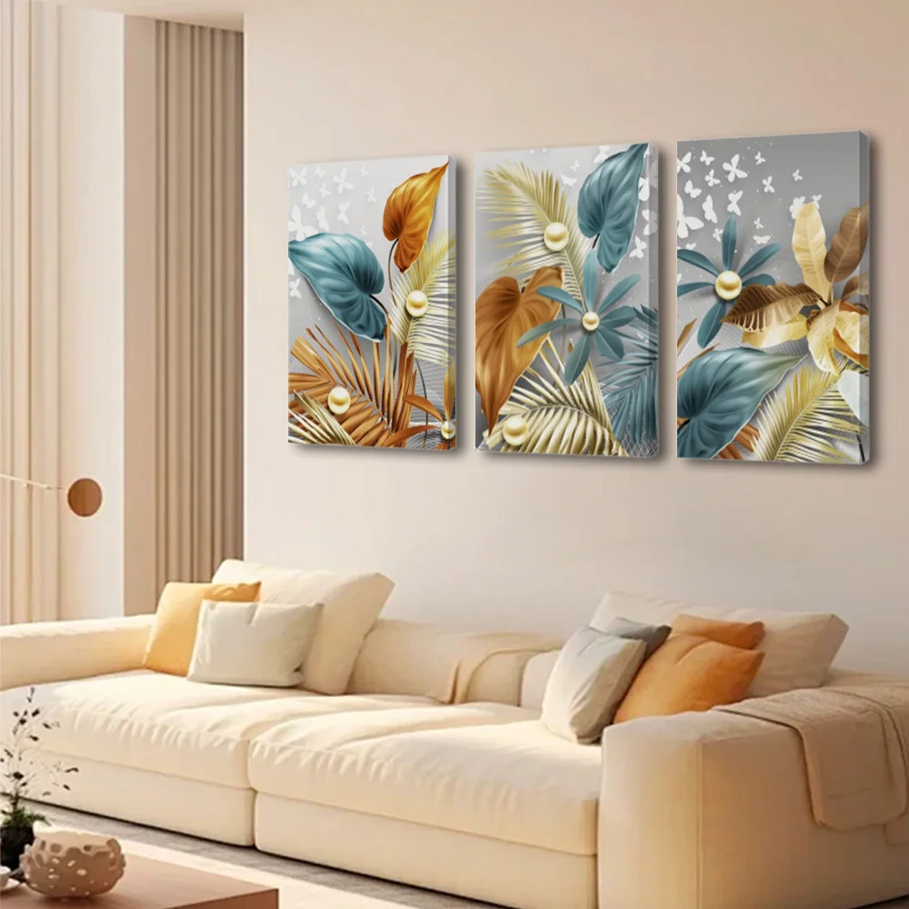 Deluxe 3-Piece Modern Gold Leaf and Flower Canvas Wall Art Home Decor Paintings for Living Room and Bedroom