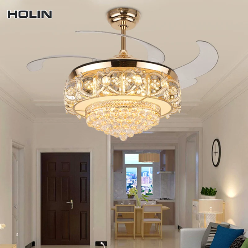 Factory direct Sales 42 inch remote control crystal retractable fan lamp ceiling Fan chandelier fan ceiling with lamp