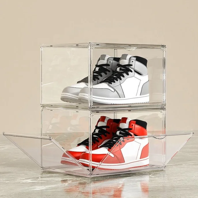 Clear Magnet Plastic Shoe Boxes Drop Front Shoe Storage Box Acrylic Custom Transparent Display Shoe Boxes Stackable Organizer