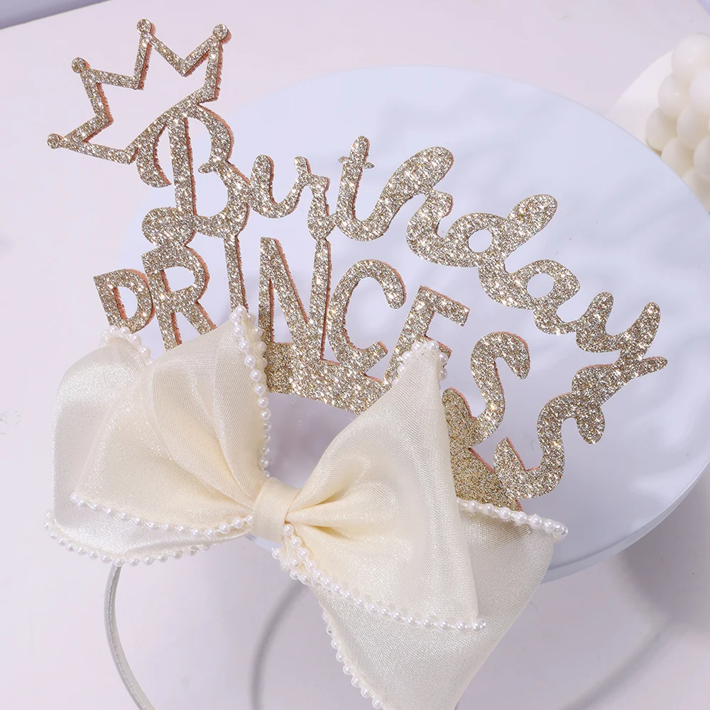 CN Happy Birthday Headband Glitter Letters Girls Organza Pearl Bowknot Birthday Hairband for Party Hair Accessories