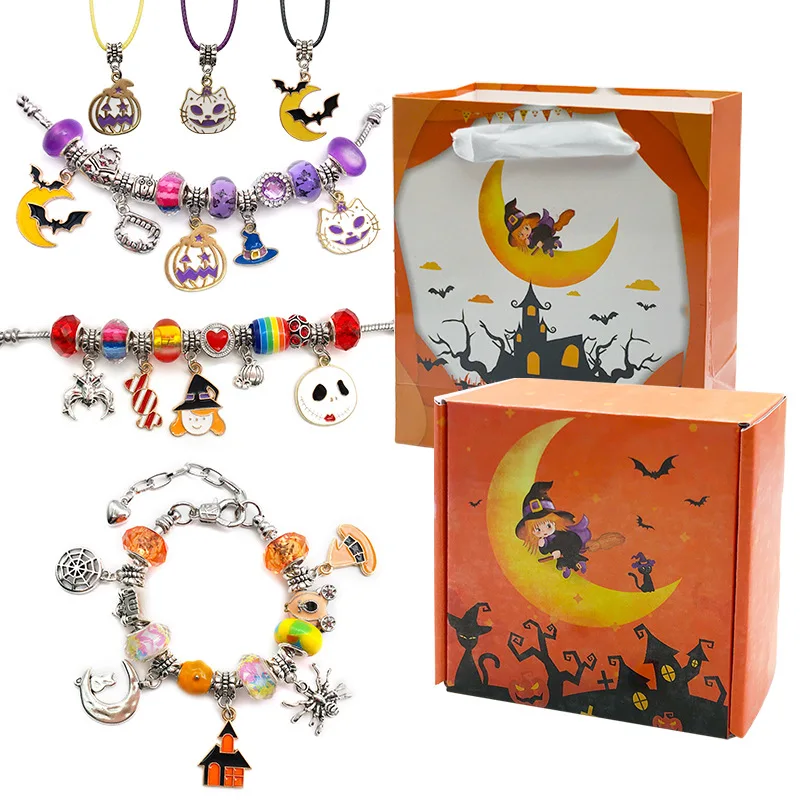 Creative Halloween Handmade DIY Surprise Blind Box Set Children Beaded Charm Necklace Bracelet Kids Fashion Jewelry Gift Box Set