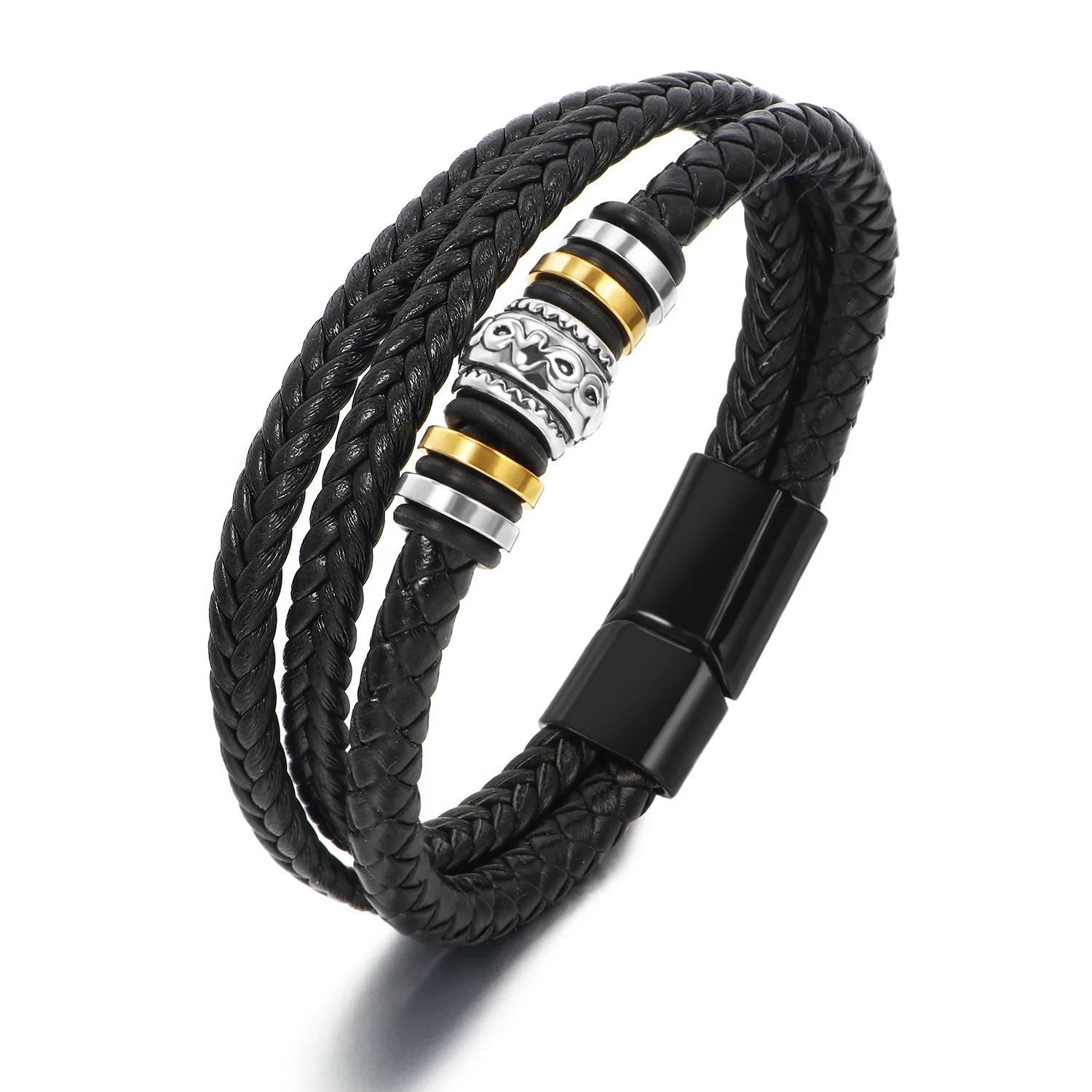 Top Selling Stainless Steel Multi Layers Leather Bracelet Titanium Steel Magnetic Clasp Black Leather Bracelet for Men