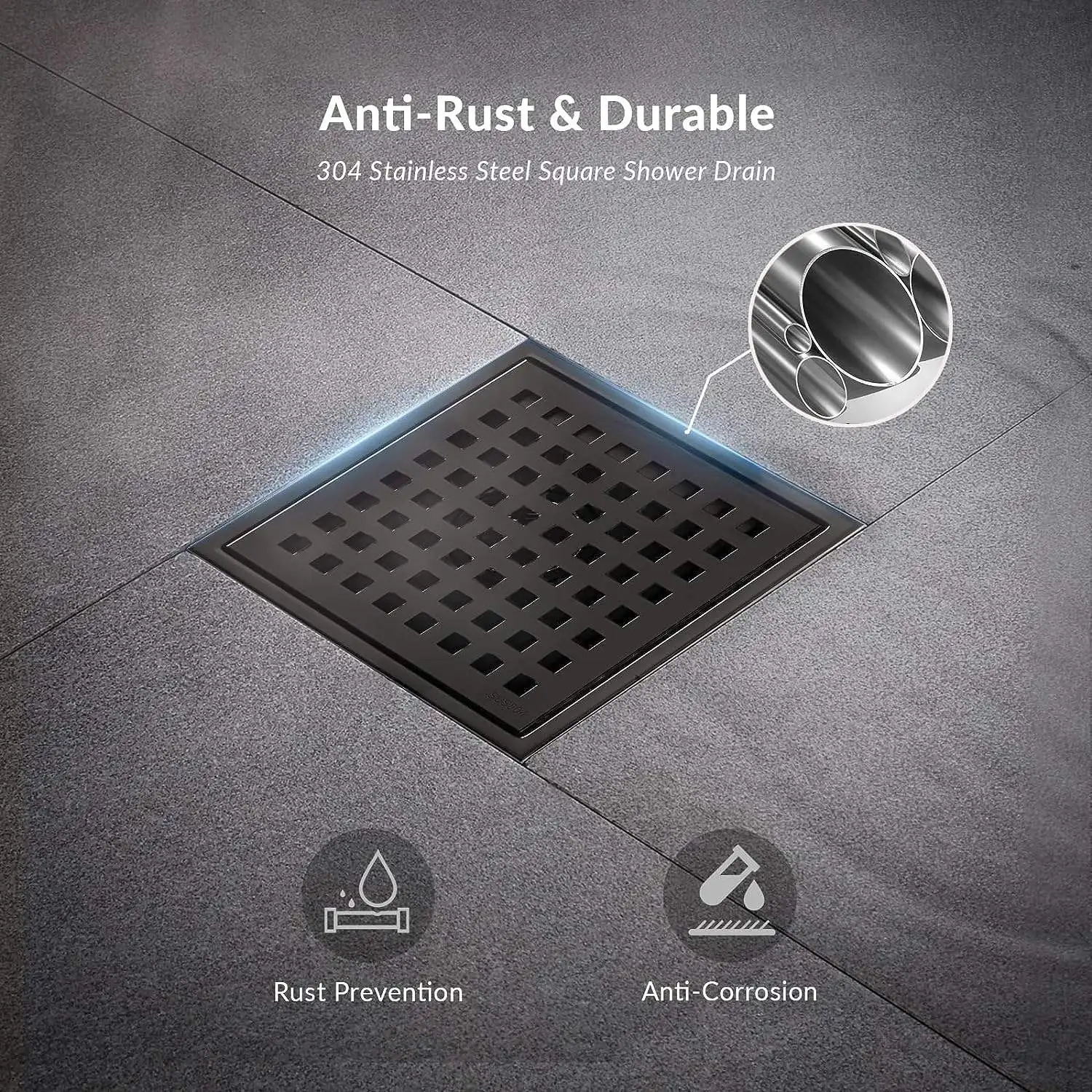 Stainless Steel Matte Bla 6 Inch Square Shower Drai Flow Shower Drain kit Floor Drain with Removable Grid Cover