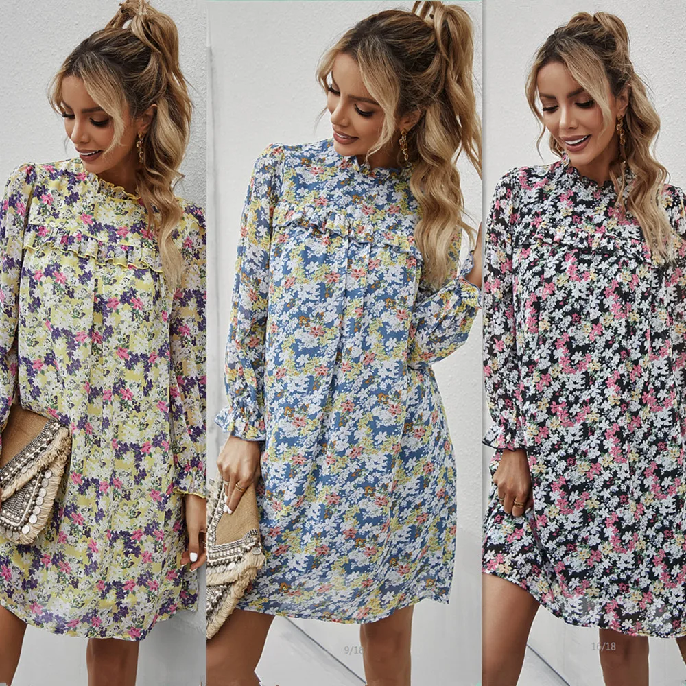 Factory wholesale price self design ruffled stand neck 100% polyester floral print folded loose mini dresses for pregnant