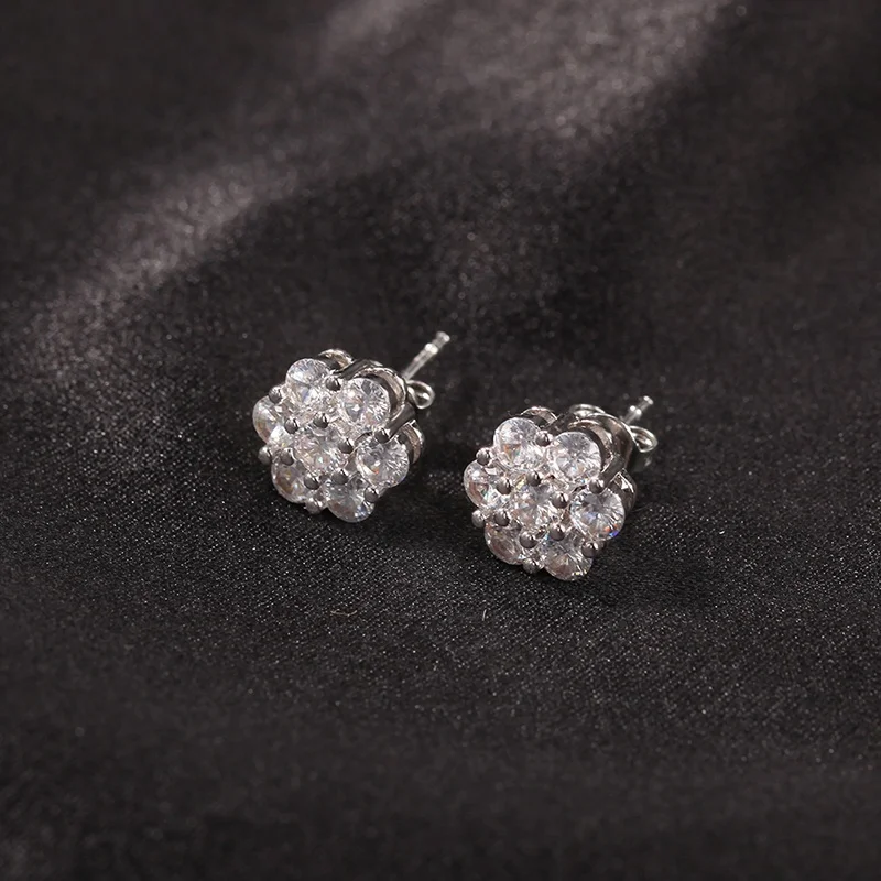  925 Sterling Silver Earrings Bling Snow Flower Cluster Shape Stud Screw Back For Women