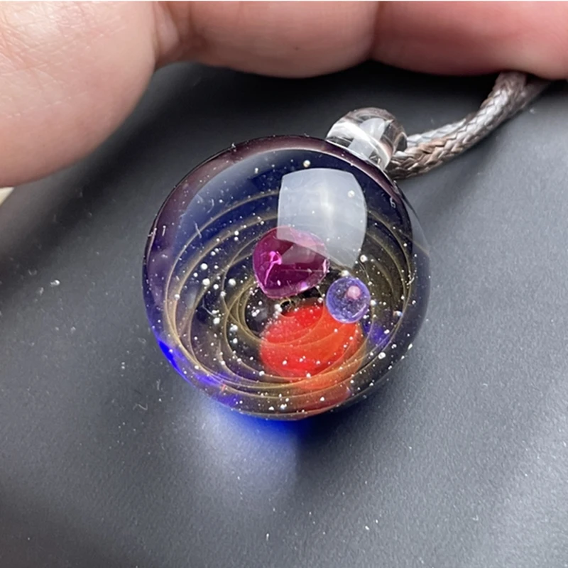 Creative Gifts Glass Crystal Ball Universe Starry Sky Galaxy Necklace Pendant Children Jewelry wooden bead chain