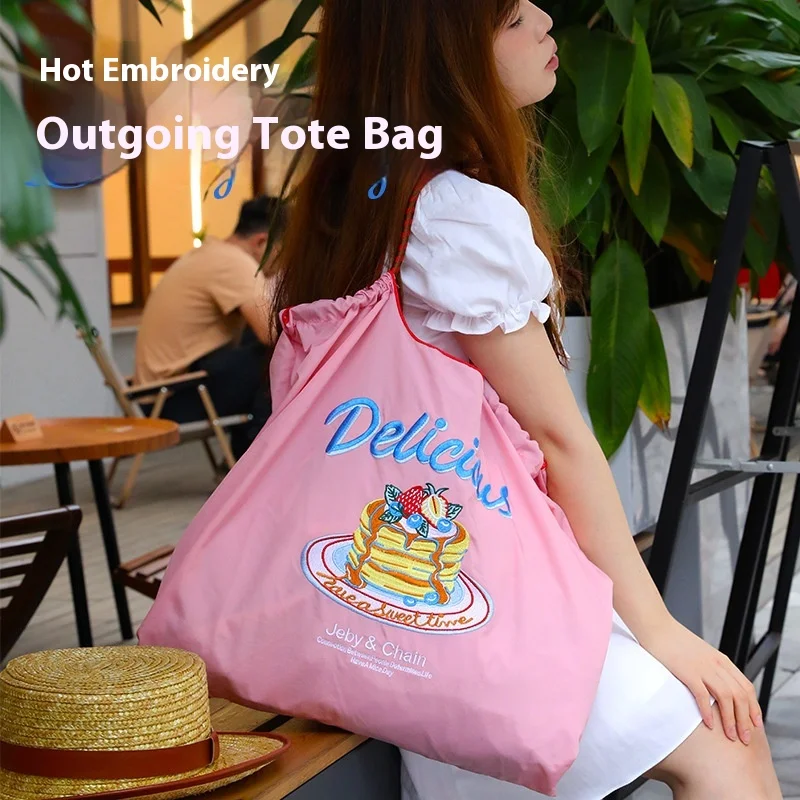 Embroidered Eco-friendly Shopping Bag Foldable Single Shoulder Canvas Crossbody
